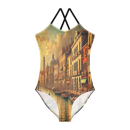 Vintage River Houses Girls Swimsuit Bathing Suit Swimwear Summer Beach One Piece Swimsuits