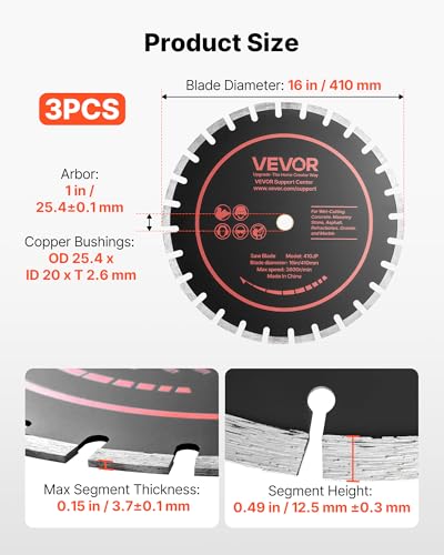 Image of VEVOR Diamond Blades 16 inch, 3-Pack Concrete Saw Blade Set, 1 in Arbor, High-Hardness Diamond Segments, 65Mn Steel Core, Dry Wet Cutting, Clean Edges for Concrete, Masonry, Brick, Stone, Granite