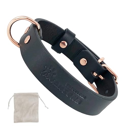 Cani Collare Pelle, Qualità Morbida Pelle, Fatto A Mano in Spagna, Piccola Media Grande Cani. Nero e Oro Rosa.