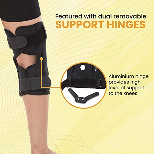 Image of AGARO Hinged Knee Wrap With Open Patella, Rigid Biaxial Hinge Knee Brace for Joint Pain Relief, Workout, Arthritis & Ligament Tear, Neoprene, Knee Cap for Men & Women, XXL, Black
