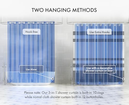 Image of AmazerBath No Hook Shower Curtain and Liner 3-in-1, Luxury Heavy Duty Clear Blue No Hook Shower Liner, 72x75 100% EVA Hookless Shower Curtain with 3 Heavyweight Stones