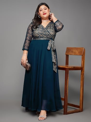 Image of Miss Chase A+ Women's Floral Printed Relaxed Fit V -Neck 3 /4Th Sleeve Georgette Maxi Dress
