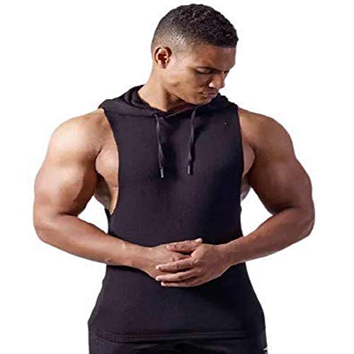 COTTVALLEY Men's Cotton Sleeveless Hood Gym T-Shirt (X-Large, Black)