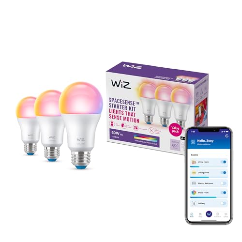 WiZ 60W A19 Color LED Smart Bulb – Pack of 3 – E26- Indoor – Connects to Your Existing Wi-Fi – Control with Voice or App + Activate with Motion – Matter Compatible