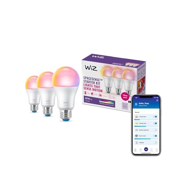 WiZ 60W A19 Color LED Smart Bulb – Pack of 3 – E26- Indoor – Connects to Your Existing Wi-Fi – Control with Voice or App + Activate with Motion – Matter Compatible
