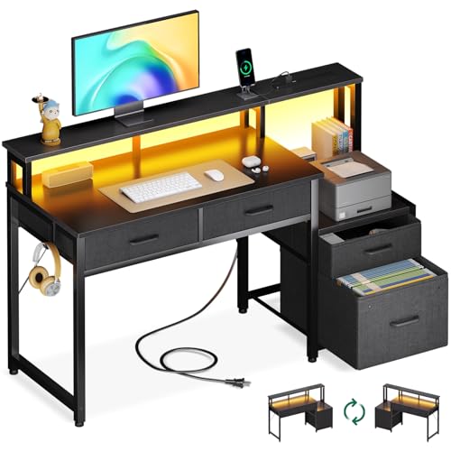 AODK パソコンデスク ゲーミングデスク 引き出し&コンセント付き 幅120cm 机 pcデスク 勉強机 gaming desk LED&モニター台付き オフィス/在宅ワーク/ゲーム用 左右入れ替え対応 ブラック