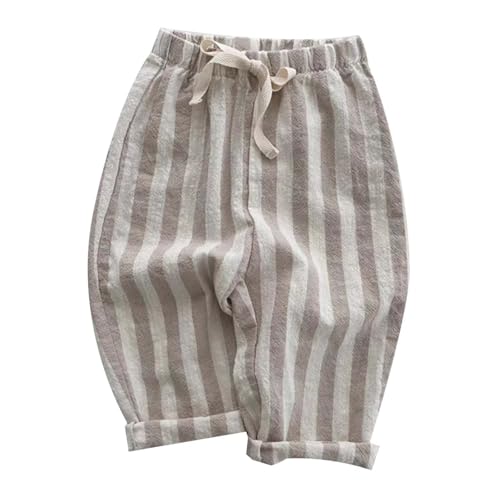 Baby Cotton Linen Long Bloomers Soft Cotton Striped Harem Pants for Boys Girls Elastic Waist Long Pants Bloomers 3-4 Years 02 Brown