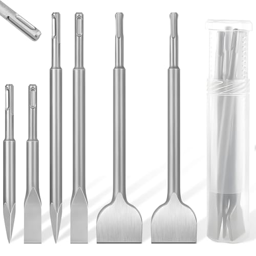 6 Piezas Juego Cinceles para SDS Plus, Cincel Plano/Afilado/Ancho Contiene, Cincel Azulejos con Caja Giratoria para Taladros, Accesorios Herramientas Eléctricas para Mampostería, Concreto