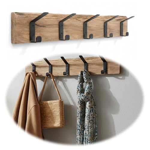 LS-LebenStil Vintage Holz Wandgarderobe 5 Haken Eiche Braun 55cm Garderobenleiste 5-fach Doppelhaken - Stabile Gusseisen Garderobenhaken Kleiderhaken Hakenleiste Mäntel Jacken LS-LebenStil Vintage Holz Wandgarderobe 5 Haken Eiche Braun 55cm Garderobenleiste 5-fach Doppelhaken - Stabile Gusseisen Garderobenhaken Kleiderhaken Hakenleiste Mäntel Jacken
