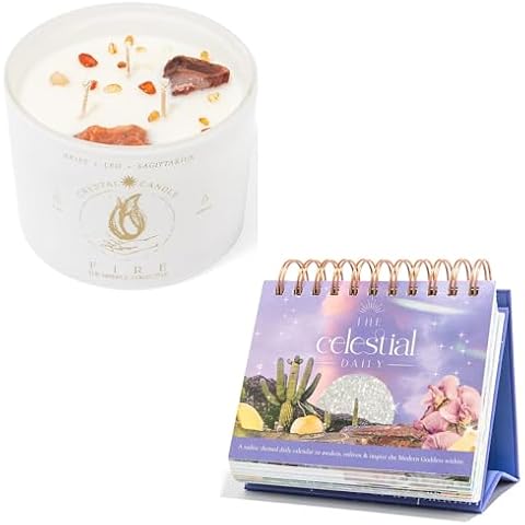 Healing Crystal Candle, 12oz - 3 Wick Aries, Leo, Sagittarius Zodiac Candles with Crystals Inside. Aquarius, Pisces Gifts for Women - 365 Astrology Motivational Calendar. Cover