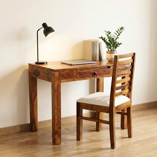Image of SONA ART & CRAFTS Clara Solid Sheesham Wooden Study Table | Study Table for Students with 1- Drawer Storage | Office Table with Chair for Home Writing Office Computer Desk (Natural Finish)