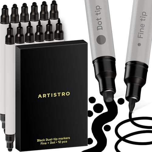 Image of ARTISTRO 12 Black Acrylic Paint Markers for Rock, Fabric, Wood, Glass, Eggs - Dual-Tip Paint Pens for Coloring Books for Adults, Teens, Kids - Art & Craft Supplies - Gift Idea - Easter Basket Stuffers