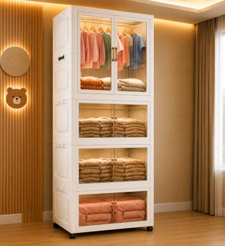 Image of Plastic Wardrobe for Cloths | 4 Layer Stackable Almirah with Hanging Rod, Transparent Doors, Wheels | Foldable Storage Cabinet Organizer for Clothes /Books /Toys