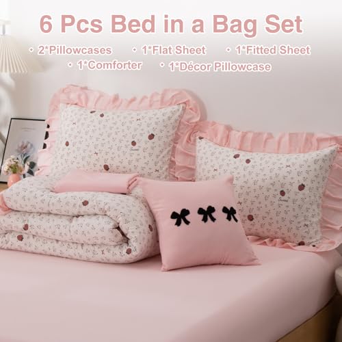 Image of A Nice Night Red Bow Comforter Set,Ruffle 6Pcs Bed in a Bag Matching Sheet Set, Bowknot Bedding Sets,Princess Style Strawberry Flower Printed Room Decor for Girls,Queen