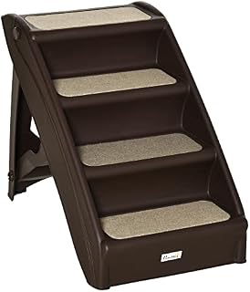 PawHut Foldable Pet Stairs Portable Dog Steps for Sofa, Bed, Four-Step Design for Cats, Small Miniature Dogs w/Non-Slip Mats - Dark Brown, 62 x 38 x 49.5cm