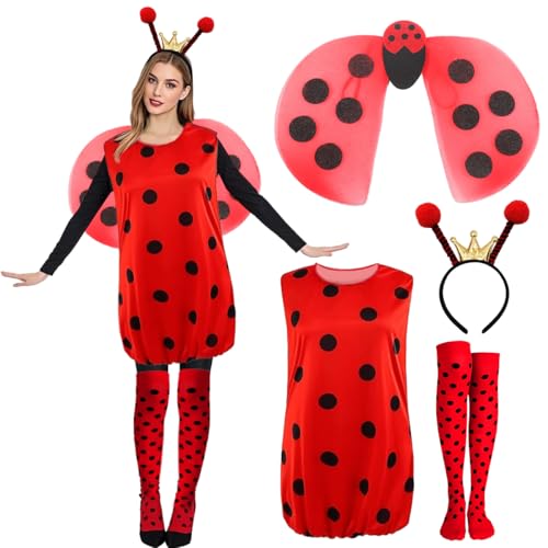 WELLXUNK Marienkäfer Kostüm Damen, Marienkäfer-Kostüm für Erwachsene, Faschings kostüme Damen Marienkäfer Kostüm mit Haarreif, Beinärmel und...