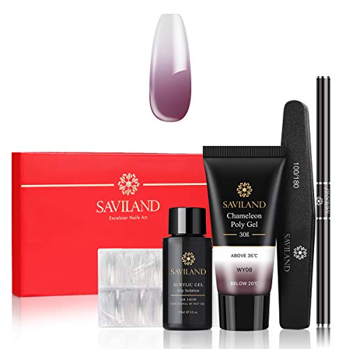 Color Changing Poly Gel Nail Kit, Saviland Mood Change Nail Extension Builder Gel with Slip Solution Dual Forms File Nail Art Kit(30ml)