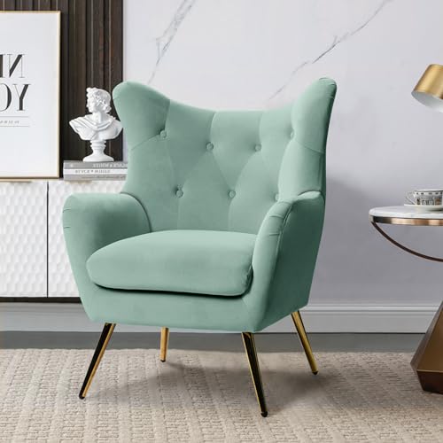HULALA HOME Velvet Accent Chair, Modern Wingback Arm Chair with Metal Gold Legs, Velvet Tufted Upholstered for Living Room Bedroom, Dining Room(SAGE)