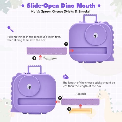 Image of Pawtong Bento Lunch Box with Thermo, 4-Compartment Bento Box with Adjustable Dividers, Leakproof Dinosaur Lunch Box with 14.2OZ Insulated Food Jar & Sauce Jar, for School Office Travel (Purple)