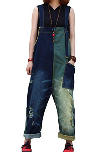 Flygo Women's Loose Baggy Denim Ripped Wide Leg Jumpsuit Rompers Overalls Harem Pants (One Size, Blue)