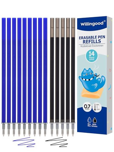 Willingood Refill per Penna Gel Cancellabile,compatibili con Legami,14 Pezzi, Blu Nero, Altezza 13 cm, Inchiostro Termosensibile, Punta 0,7 mm, adatto per la scuola e la vita quotidiana