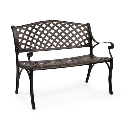 Bonnlo Banc Exterieur Jardin en Aluminium Moulé|Style Vintage avec Dossier et Assise à Mailles|Banquette,Bancs de Jardin Robuste pour Terrasse, Balcon et Patio|102 cm, Bronze Antique