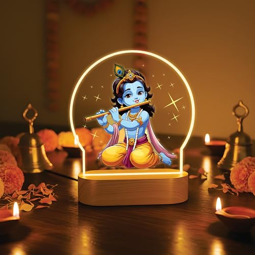 Image of Giftplease Sitting Bal Krishna Flute LED Lamp - Vibrant Printed Night Light with Warm Glow - Divine Murali Manohar Decor for Home Mandir, Kids Room & Gifting GL 08