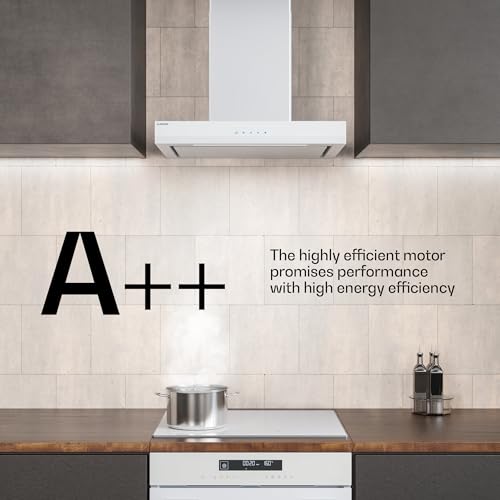 Okap ścienny Klarstein Velaire 60 cm - 600 m³/h, efektywność energetyczna A++, sterowanie dotykowe, dioda LED, cichy, filtr aluminiowy i węglowy, biały