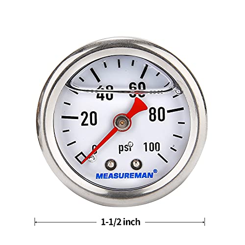 Measureman 1-1/2" Dial Size, 304 Stainless Steel Case, Liquid Filled Fuel Pressure Gauge, 0-100Psi, 3-2-3%, 1/8"Npt Center Back Mount #TOP6