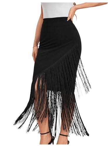 OYOANGLE Women's Fringe Trim Asymmetrical Hem High Waisted Party Pencil Long Maxi Skirts4