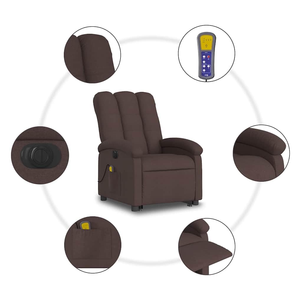 Sillón elevador eléctrico reclinable con 6 puntos de vibración, tejido marrón oscuro, función elevación e inclinación 135°, marco estable, cómodo