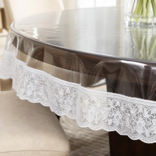 Image of CASA-NEST PVC Waterproof 4 Seater Round Table Cover with Lace (60inch, White,PVC, Pack of 1)
