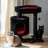 BEWISHOME Cat Tree Tower, Gothic Cat Tree with Coffin Bed, Halloween Gothic Cat House with Scratching Posts, Spider Toy, Cat Condo for Kittens, Black and Red Small MMJ93R