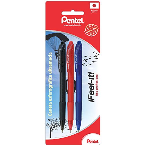 Kit com 3 Canetas Caneta Esferográfica Feel It 1 mm, Pentel, Preta/Vermelha/Azul