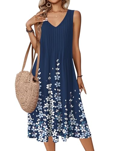 Image of Zeagoo Women Summer Casual Dresses 2026 Sleeveless Midi Pleated Tank Sundress with Pockets V Neck A Line Swing Tshirt Dress