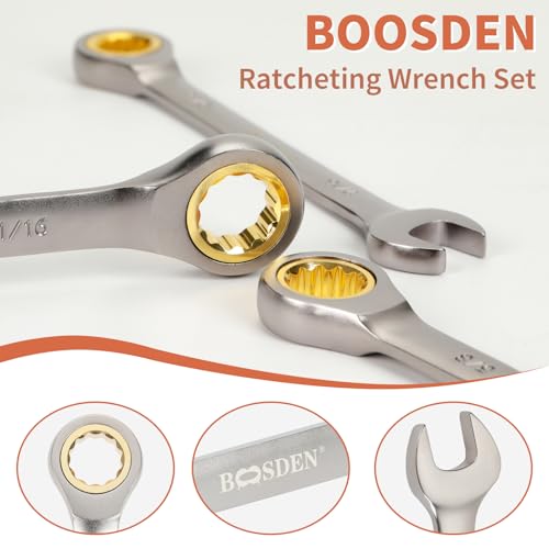 Image of BOOSDEN 9-Piece Ratcheting Wrench Set, High-Carbon Steel Ratcheting Wrenches Set with Roll-Up Pouch, SAE 1 /4-3 /4 inch Combination Ratchet Wrench for Auto Repair, Mechanical, Household, Garage, Boat