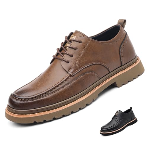 Men's Leather Lace Up Platform Oxfords Comfortable Round Toe Hand-Sewn Soft Non-Slip Dress Shoes Business Work Formal Derby Shoes