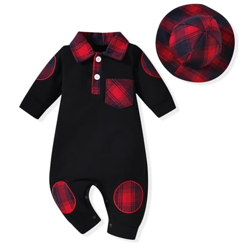 Image of Unutiylo Newborn Baby Boy Romper – Plaid Polo Bodysuit Jumpsuit Fall Winter Outfits with Hat