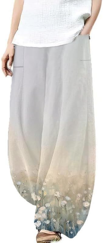 MARSVOVO Wide Leg Pants Woman Summer Palazzo Capri Culottes for Women Linen Floral Print Vintage Baggy Beach Trousers