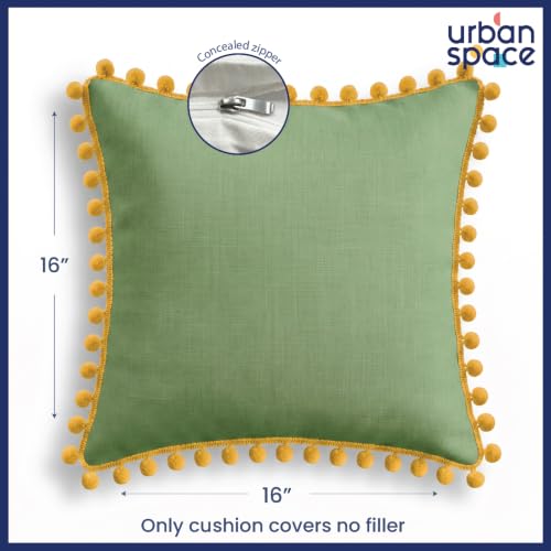 Image of Urban Space Cotton Cushion Cover Set of 5, 16 x 16 Inches, Decorative Throw Pillow Covers with Pom Pom, Printed Sofa Cushion Covers for Living Room, Home Decor (CC4, 40Cm x 40Cm, Set of 5)