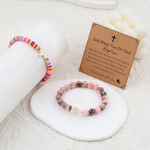 GVUSMIL Cross Bracelet Baptism Gifts Easter Basket Stuffers First Communion Adjustable Clay and Stone Christ Holy Water Bracelet Faith Jewelry for Daughter Granddaughter Niece3