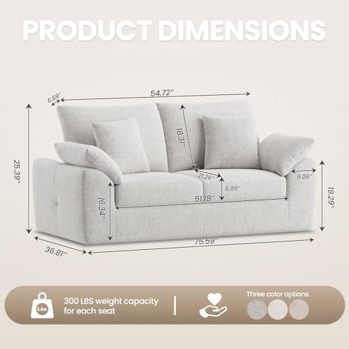 Image of 75.6 inch Modern Loveseat Sofa for Living Room, Cloud Boneless Couches with 4 Pillows, Mid Century Loveseat couches for Small Place, No Assembly Required, Beige