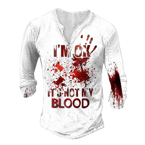 Image of Mymyguoe Bloodstained Shirt Men's Halloween T-Shirt Henley Shirt Long Sleeve Shirts for Men Print Hand Print Blood Smudge Bloody Blood Splashes Hand Prints T Shirts Bloody Shirt Horror T Shirts, Wine