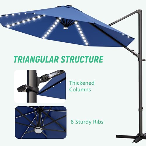 Image of Greesum 10FT Outdoor Patio Umbrella with High Pedel and 4 Gear Heights, Large Offset Umbrella with Solar LED Lights and 360-degree Rotation, Without Base, Hanging Outdoor Shade for Garden, Deep Blue