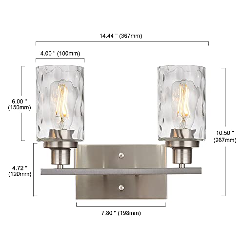 Image of 2-Light Bathroom Vanity Light Fixtures,Brushed Nickel Bathroom Lighting Fixtures,Modern Wall Sconces with Hammered Glass Shade, Wall Lights for Living Room Porch Hallway Bedroom