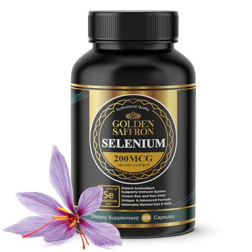 Golden Saffron Selenium (200mcg Selenium & 88.5 mg Saffron Extract) - to Support Overall Health, Non-GMO, Gluten Free, Dairy Free, with Unique and Advanced Formula – Made in USA & Tasteless.