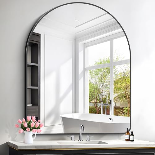 Image of FORBATH Arched Wall Mirror 40 inchx48 inch, Large Arch Bathroom Mirror Black Aluminum Wide Frame for Decor Dresser Mirror for Bedroom Living Room Entryway, Hanging or Leaning Against Wall