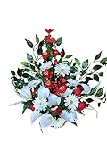 En tonos blancos y rojos DRW Centro de Flores Artificiales Cementerio, Santos, Aniversarios Redondo Rojo y Blanco calas, Margaritas y capullos 50 cm x 60 cm Altura x 25 cm Profundidad