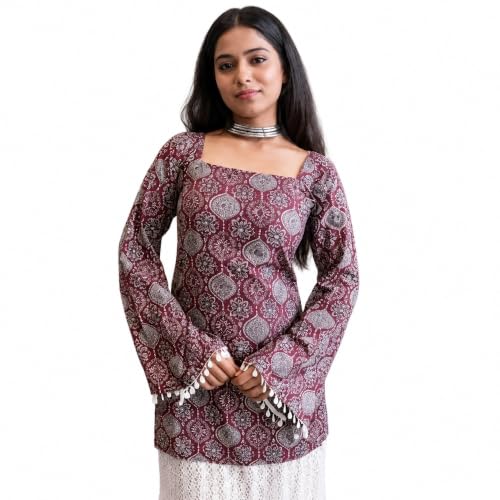 Image of Women's Rayon Printed Short Kurti | Straight Fit Casual Ethnic Top | Square Neck Full Sleeve Ladies Kurti Office College