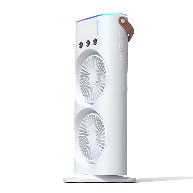 Image of Drumstone 𝟏𝟓-𝐘𝐚𝐫 𝐋𝐨𝐧𝐠-𝐋𝐢𝐟𝐞 𝐖𝐚𝐫𝐫𝐚𝐧𝐭𝐲 Double Head Mist Cooling Fan with Rechargeable Battery, USB Powered Personal Air Cooling Fan with Water Mist Spray & Remote Control.